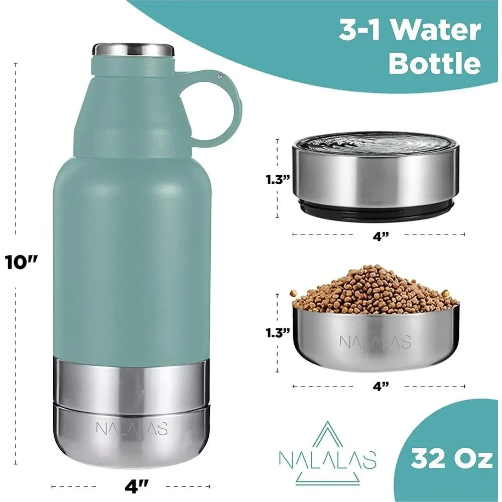 Nalalas Pet 3 in 1 Portable Stainless Steel Water Bottle 32oz